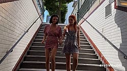 Two Hotties Flash In A Train Station Before Getting Caught'