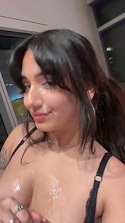 Slut covered in sticky spunk taking selfies'