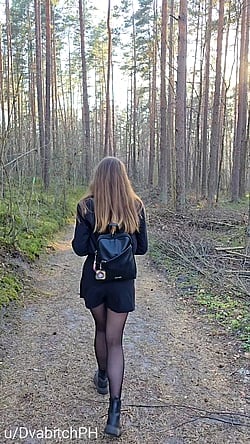 Walking in the woods and showing off my tits'