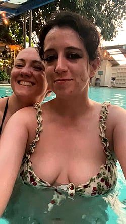Babe with Big Tits Flashing in Public Pool'